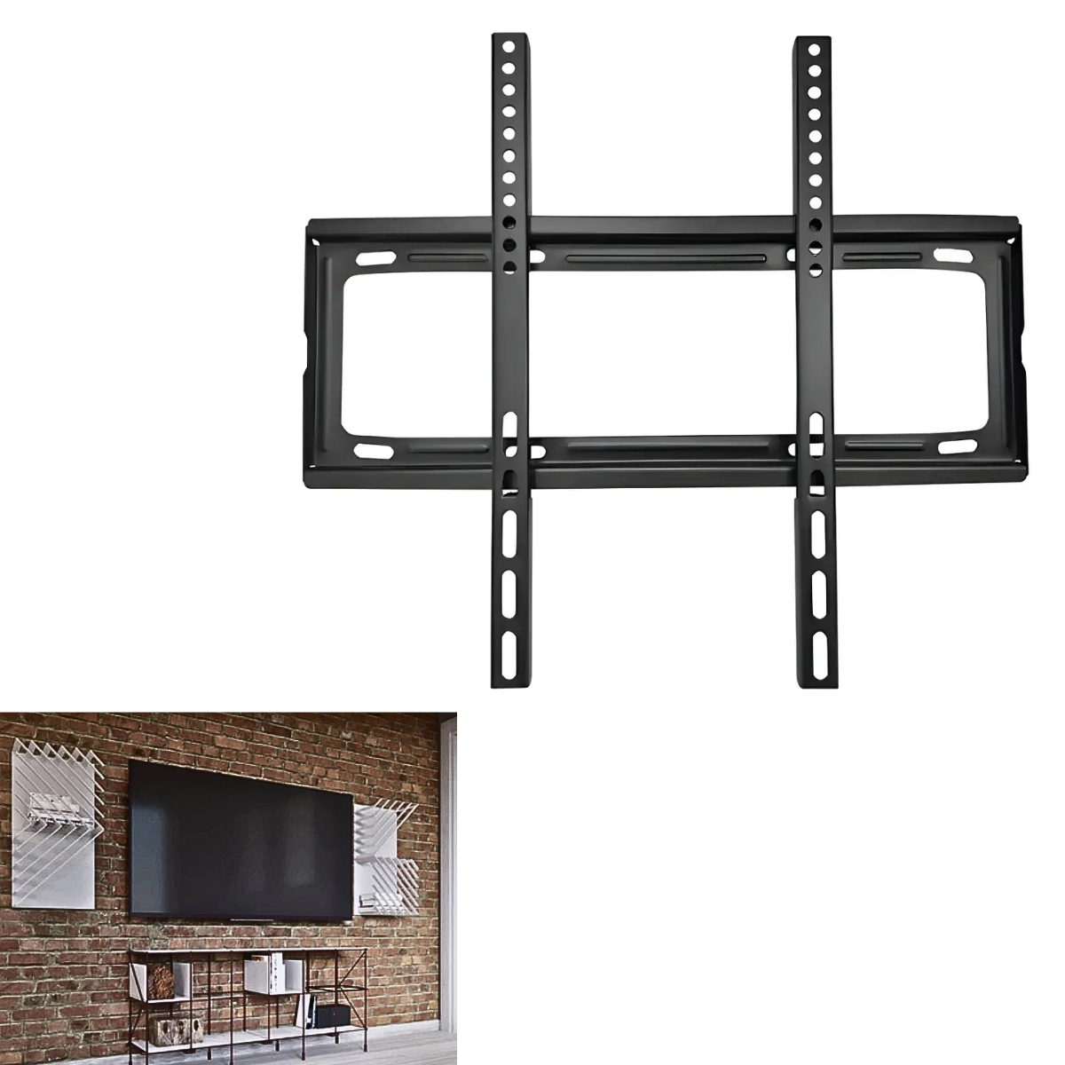 El soporte fijo para TV es una solución práctica, resistente y elegante para instalar tu televisor o monitor en la pared, optimizando el espacio y logrando una presentación limpia y moderna en cualquier ambiente. Diseñado para pantallas de 26 a 63 pulgadas, es compatible con televisores LED, OLED y LCD. Su estructura de hierro en color negro ofrece firmeza, estabilidad y una estética discreta que se adapta fácilmente a salas, dormitorios, oficinas, locales comerciales o espacios de entretenimiento.