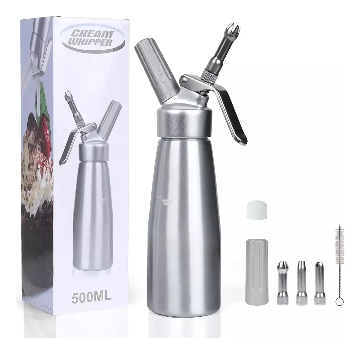 Sifon De Crema Batida 500ml Aluminio 3 Boquillas Descripción: Dispensador profesional de crema batida: este impresionante dispensador hace que la crema batida sea muy fácil y te permite disfrutar de crema batida fresca en tus postres o café en cuestión de minutos. La capacidad de 500 ml es el mejor tamaño para fabricantes de postres caseros y chefs profesionales.